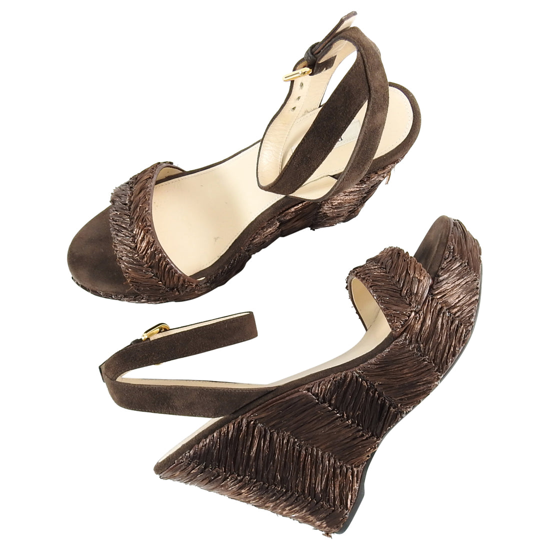 Prada Brown Raffia Woven Wedge Sandals - 38