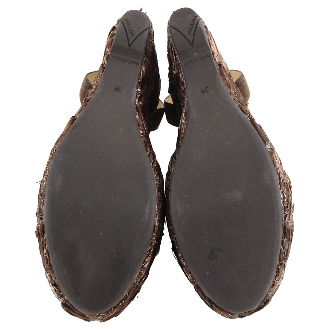 Prada Brown Raffia Woven Wedge Sandals - 38