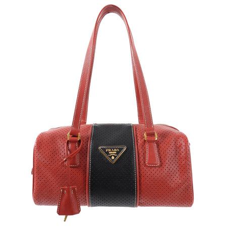 Prada Red and Black Saffiano Fori Small Barrel Bag