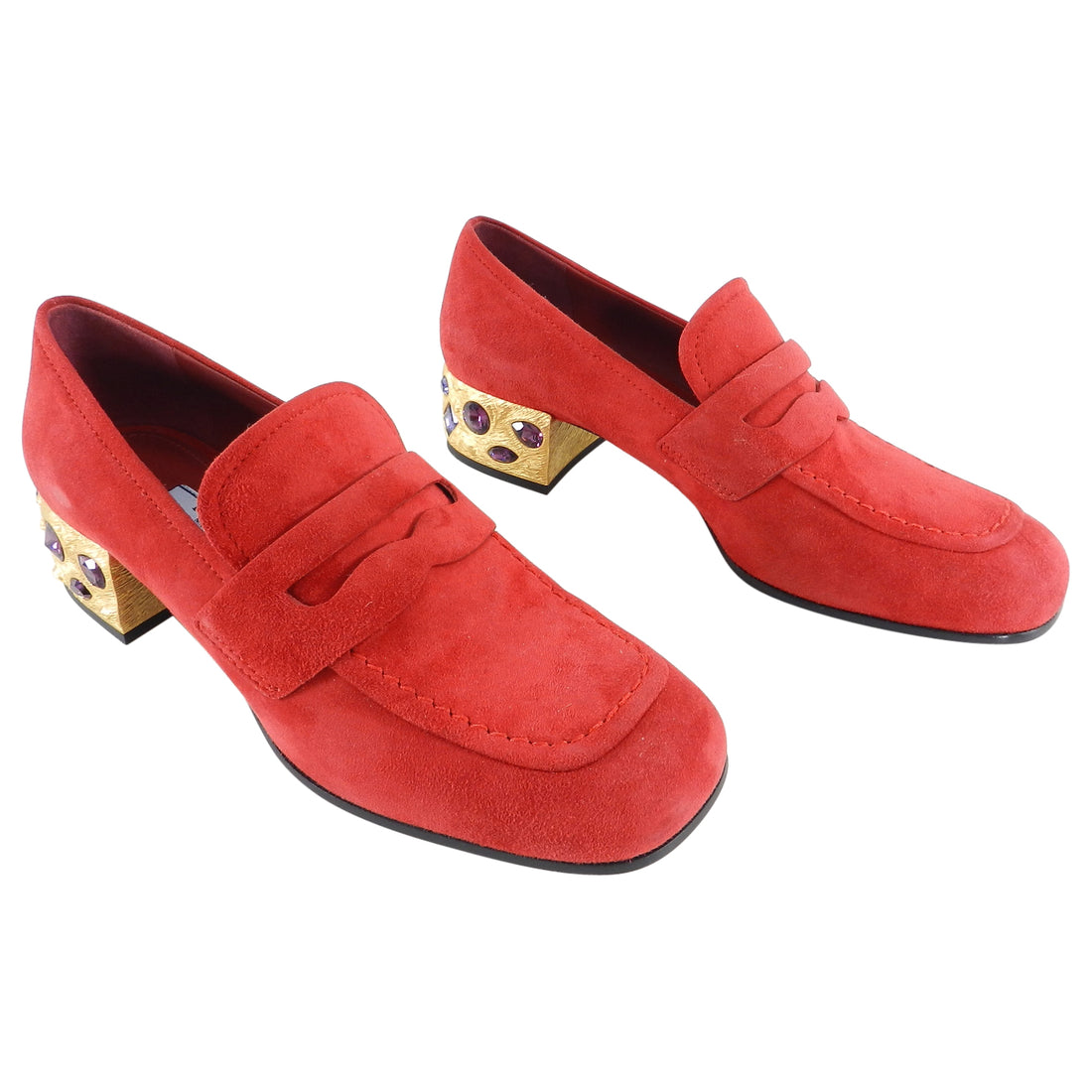 Prada Red Suede Loafer with Gold Metal Jewel Heels - 37.5