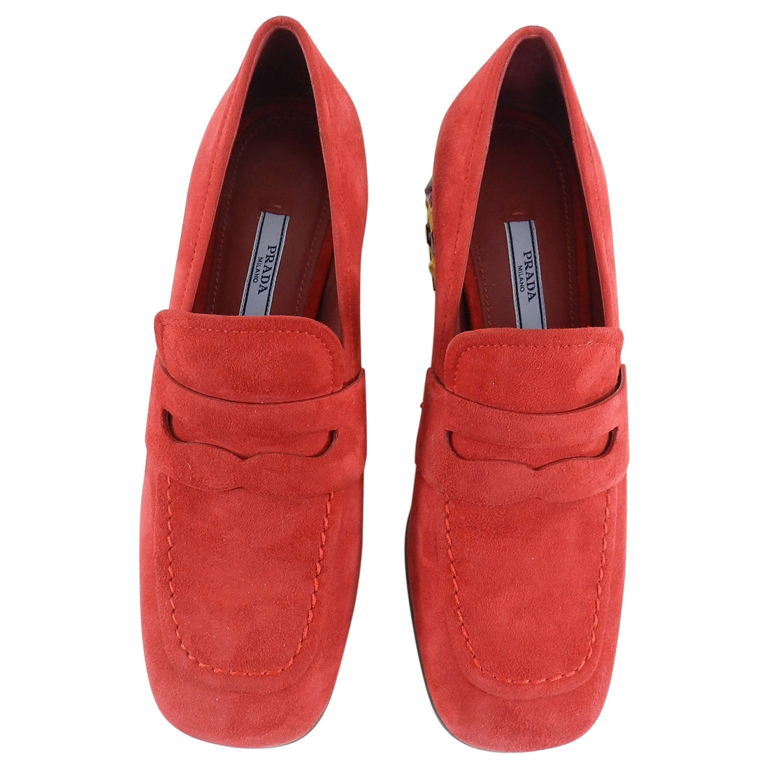 Prada Red Suede Loafer with Gold Metal Jewel Heels - 37.5