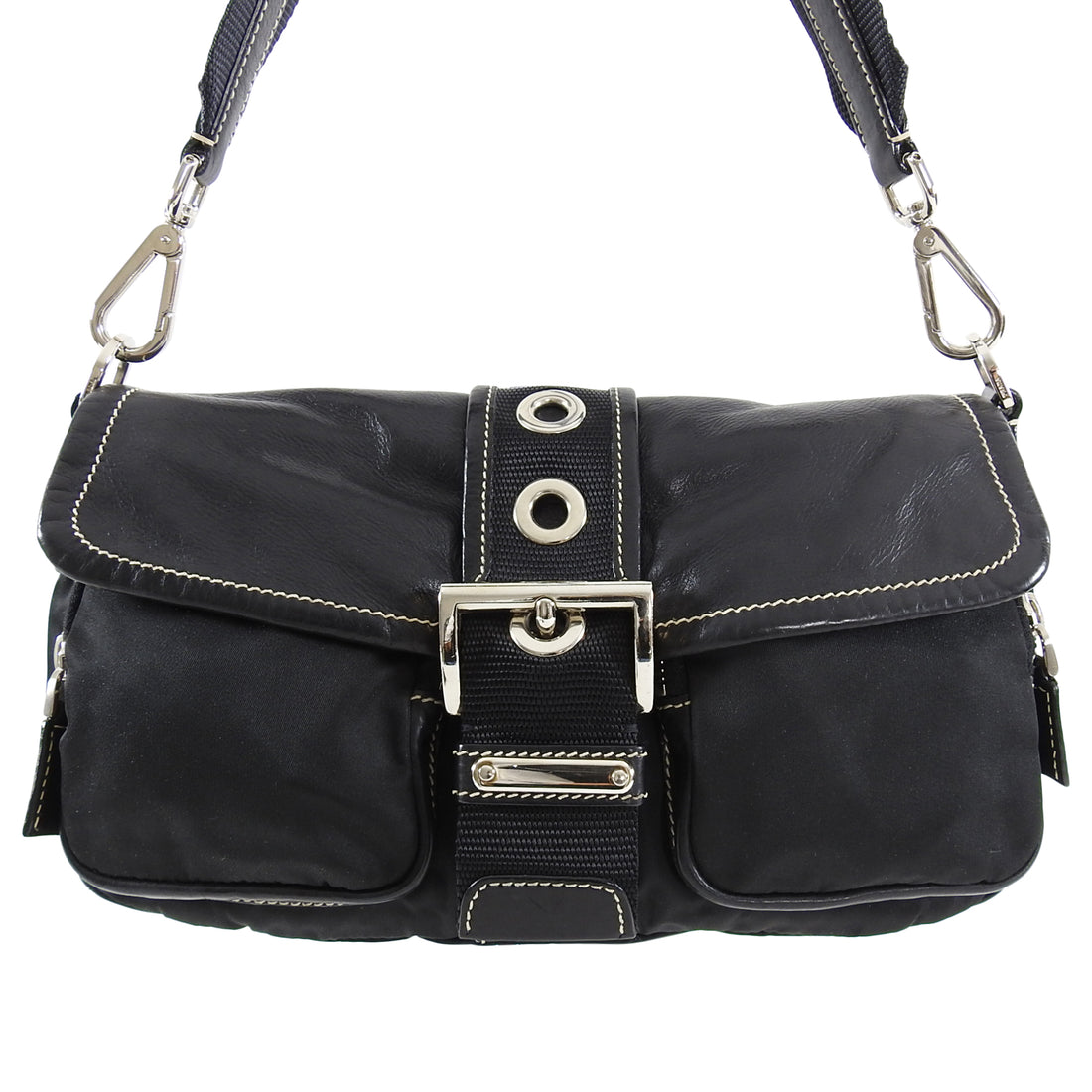 Prada Small Black Nylon and Leather Grommet Bag