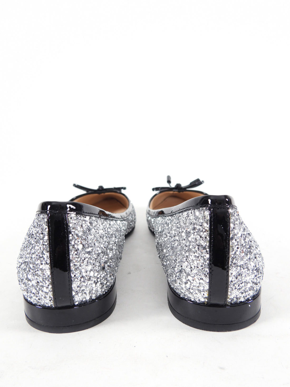 Prada Silver Glitter and Black Patent Pointed Flats - 7.5