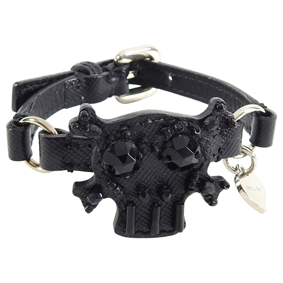 Prada Black Saffiano Leather Bead Skull Charm Bracelet 