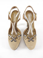 Prada Beige Suede Metallic Tri-color T Strap Heels - 35.5