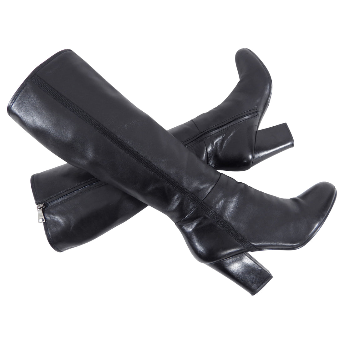 Prada Tall Leather Boots with Nylon Logo Band - 39 / 8.5