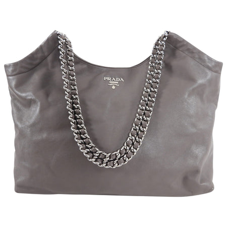 Prada Taupe Leather Large Soft Calf Chain Tote Bag