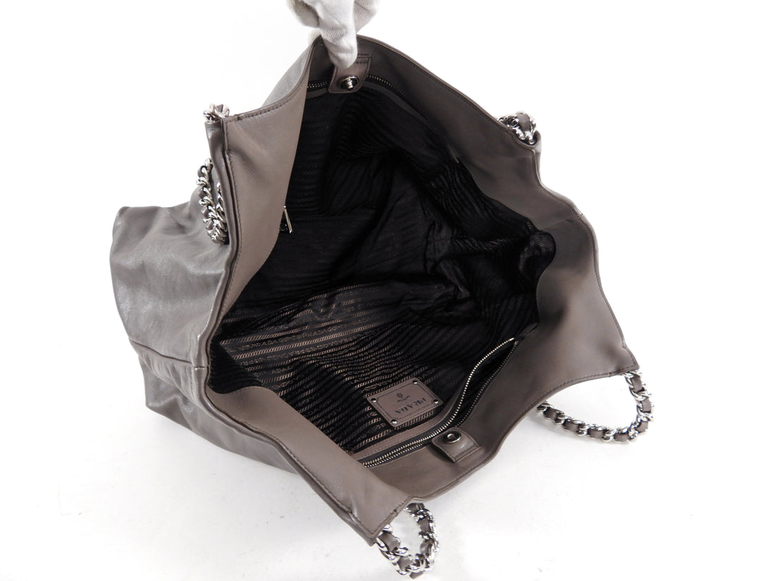 Prada Taupe Leather Large Soft Calf Chain Tote Bag