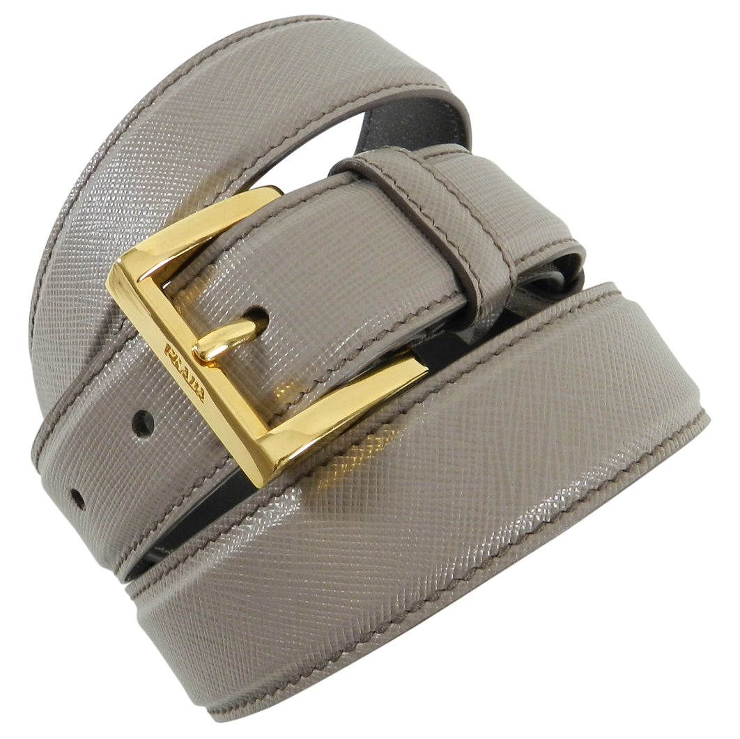 Prada Taupe Saffiano Leather Belt with Gold Buckle