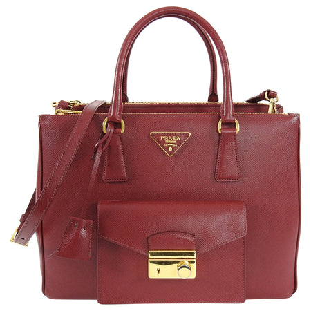 Prada Red Cerise Saffiano Lux Galleria Double Tote Bag with Front Pocket