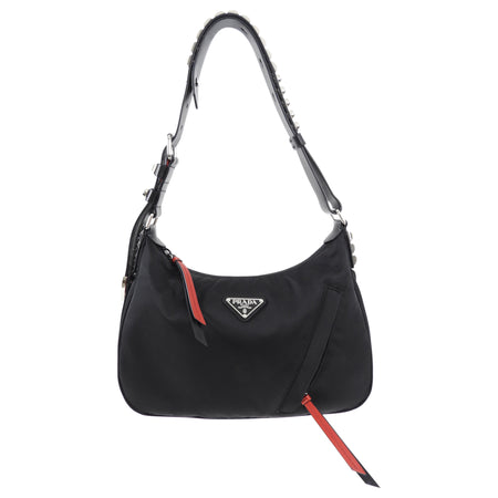 Prada New Vela Stud Black and Red Nylon Hobo Bag 
