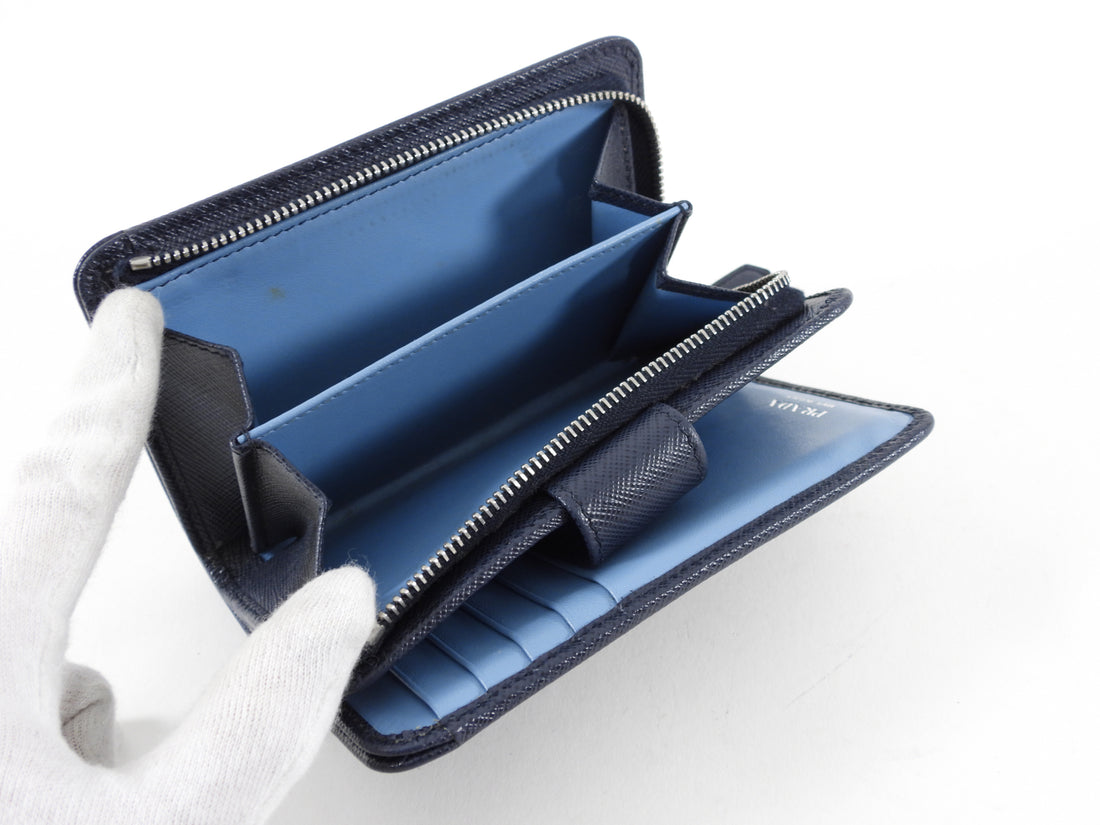 Prada Small Saffiano Compact Navy Wallet