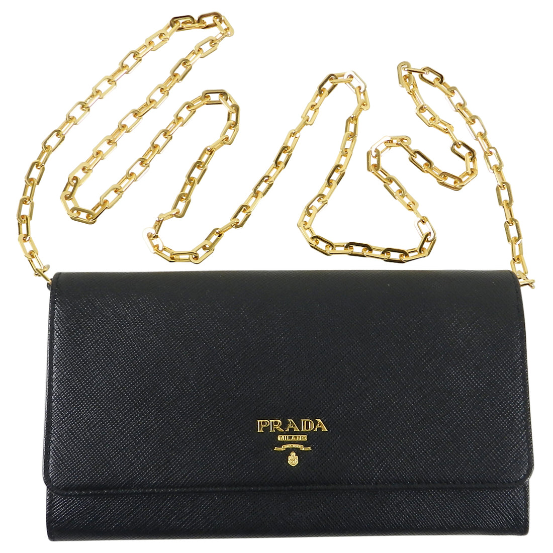 PRADA Saffiano Black leather WOC with gold hardware. R9850 Condition:  Excellent with authenticity cards. (No dustbag)