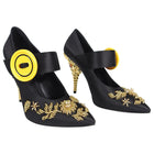 Prada Black Satin Pumps With Gold Jewel Heel and Yellow Button - 37 / 6.5