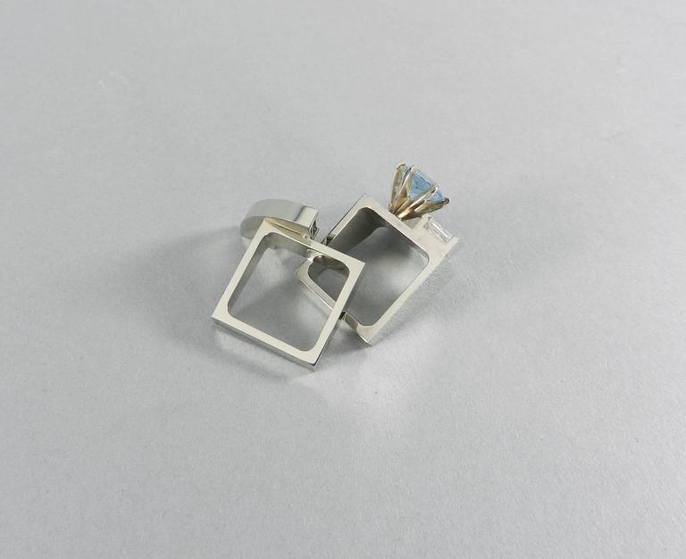 Trisko Modernist Abstract Aquamarine Sapphire Diamond Gold Two-Piece Puzzle 