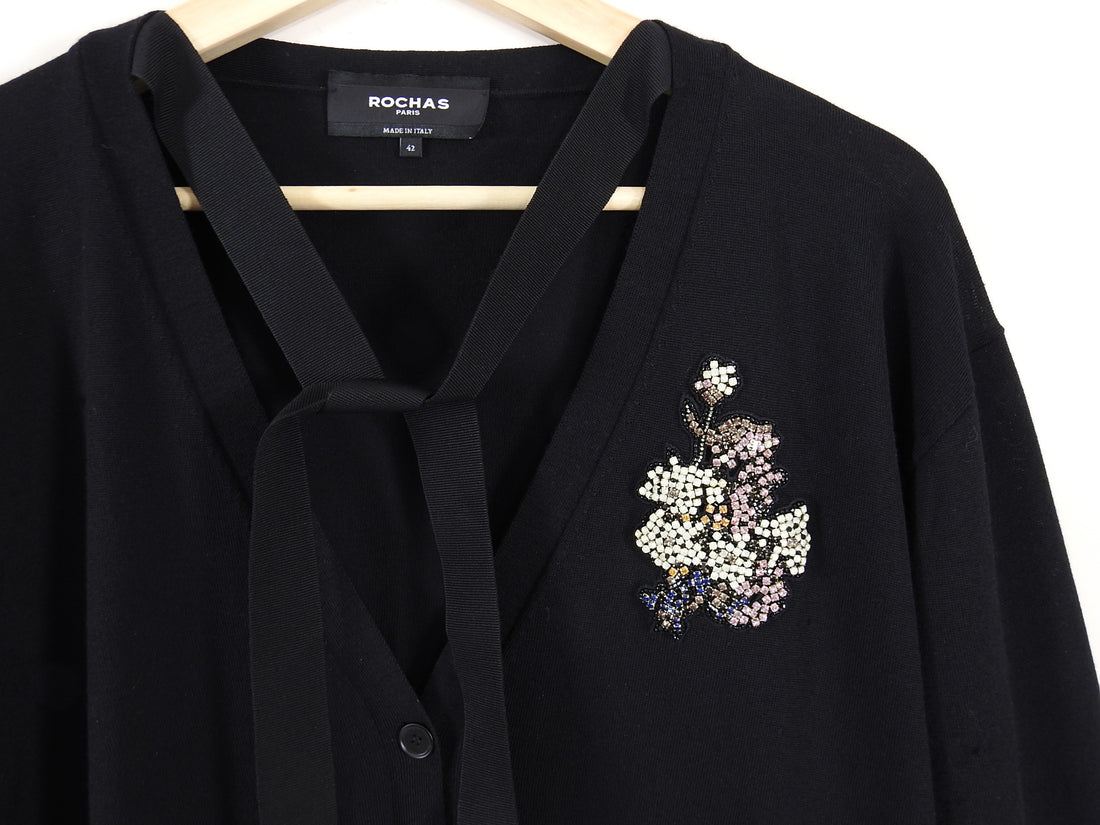 Rochas Black Wool Cardigan with Jewelled Accent - 6