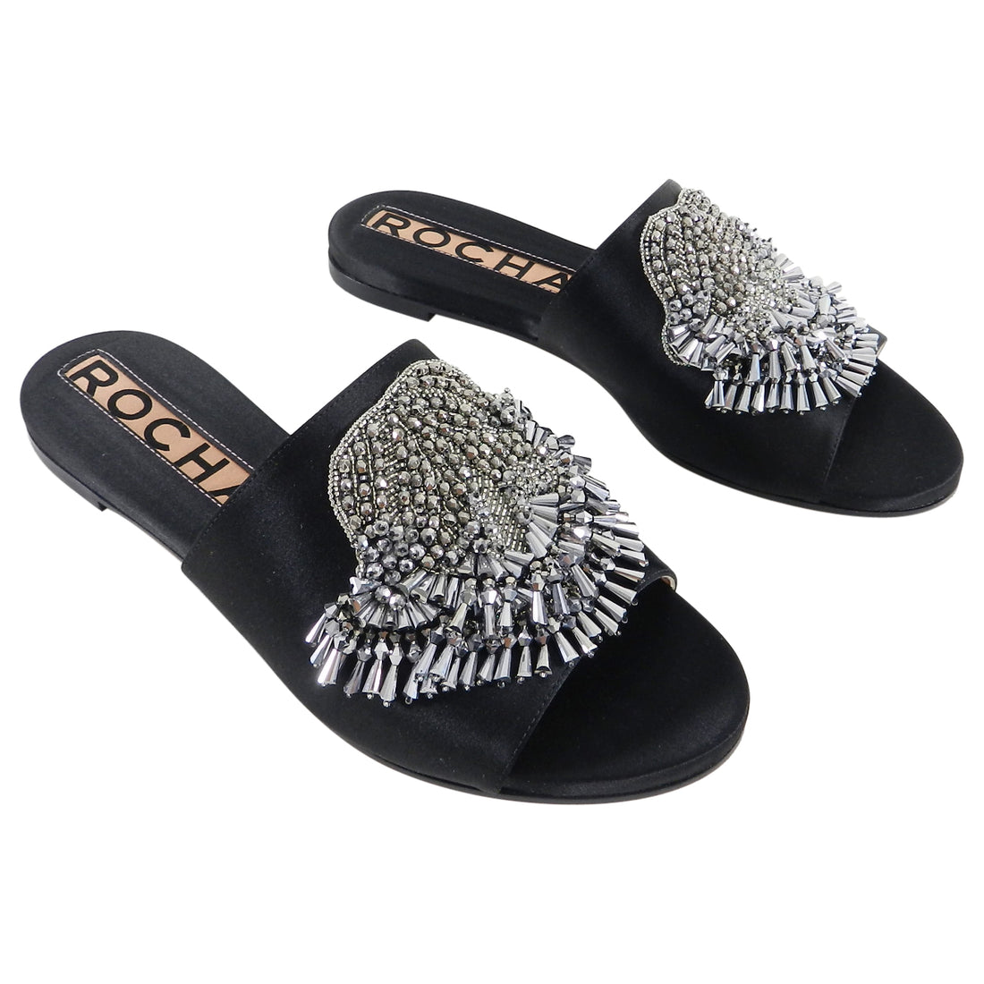 Rochas Black Satin Flat Slide Sandals with Silver Beads - 37