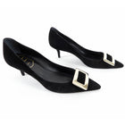 Roger Vivier Black Suede Pumps with Gold Buckle - USA 5.5