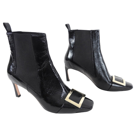 Roger Viver Black Patent Gold Buckle Ankle Boots - 40
