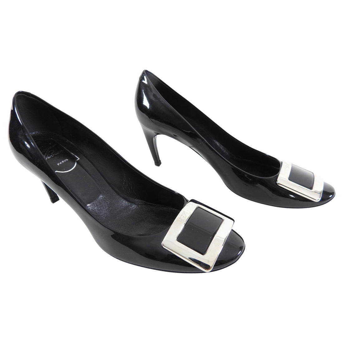 Roger Vivier Black Patent Silver Buckle Pumps - 39