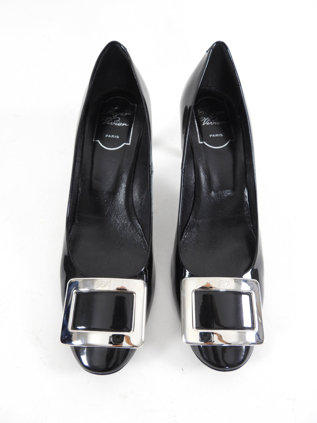 Roger Vivier Black Patent Silver Buckle Pumps - 39