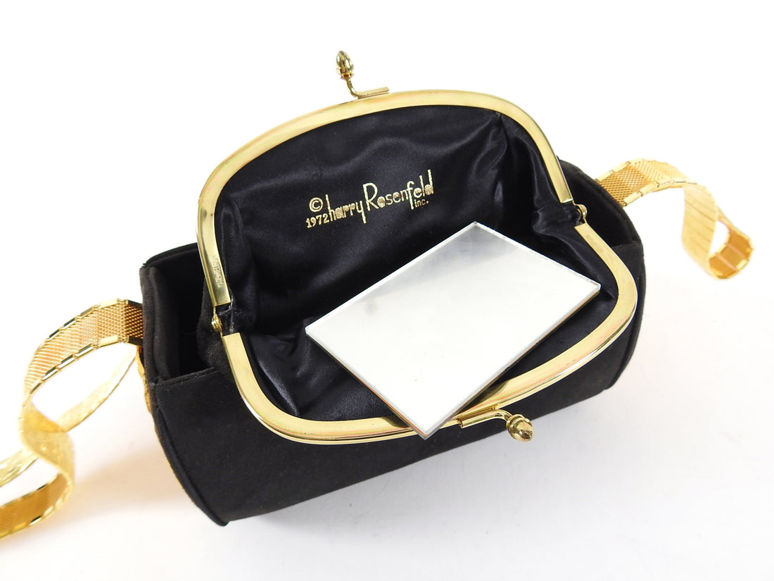 Vintage 1972 Harry Rosenfeld Black Suede Gold Mesh Strap Evening Bag