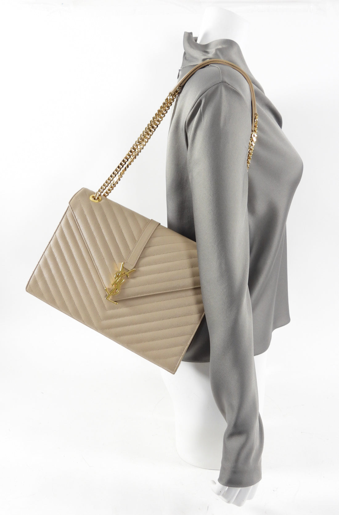 Saint Laurent Large Beige Chevron Envelope Flap Bag