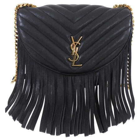 Saint Laurent Black Chevron Quilt Fringe Chain Shoulder Bag