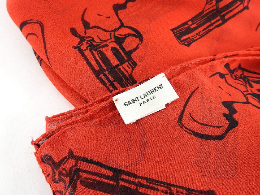 Saint Laurent Red Gun Silk Long Rectangular Scarf