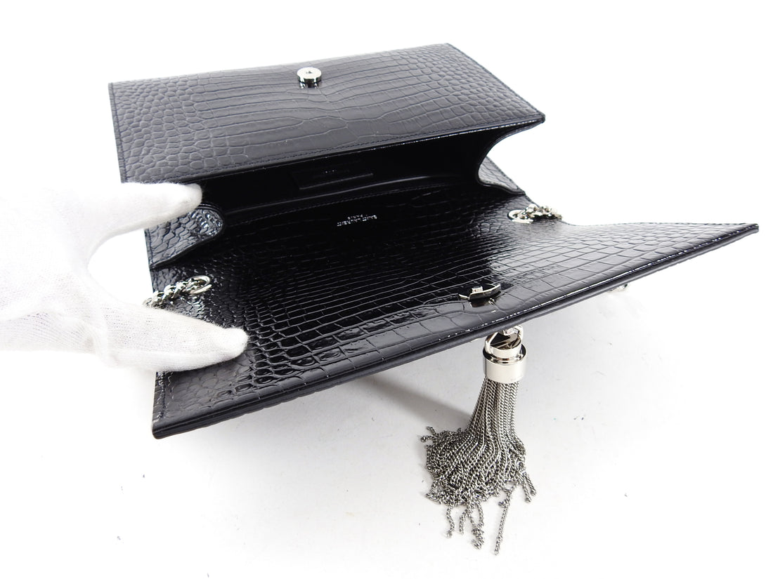 Saint Laurent Kate Black Croc Embossed Tassel Medium Chain Bag