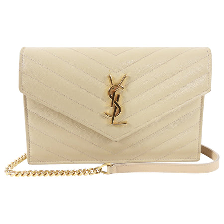 Saint Laurent Beige Chevron Monogram Wallet on Chain Crossbody