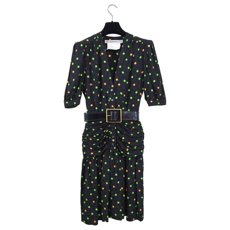 Vintage 1980's Jean Louis Scherrer Silk Polka Dot Ruch Dress - XS