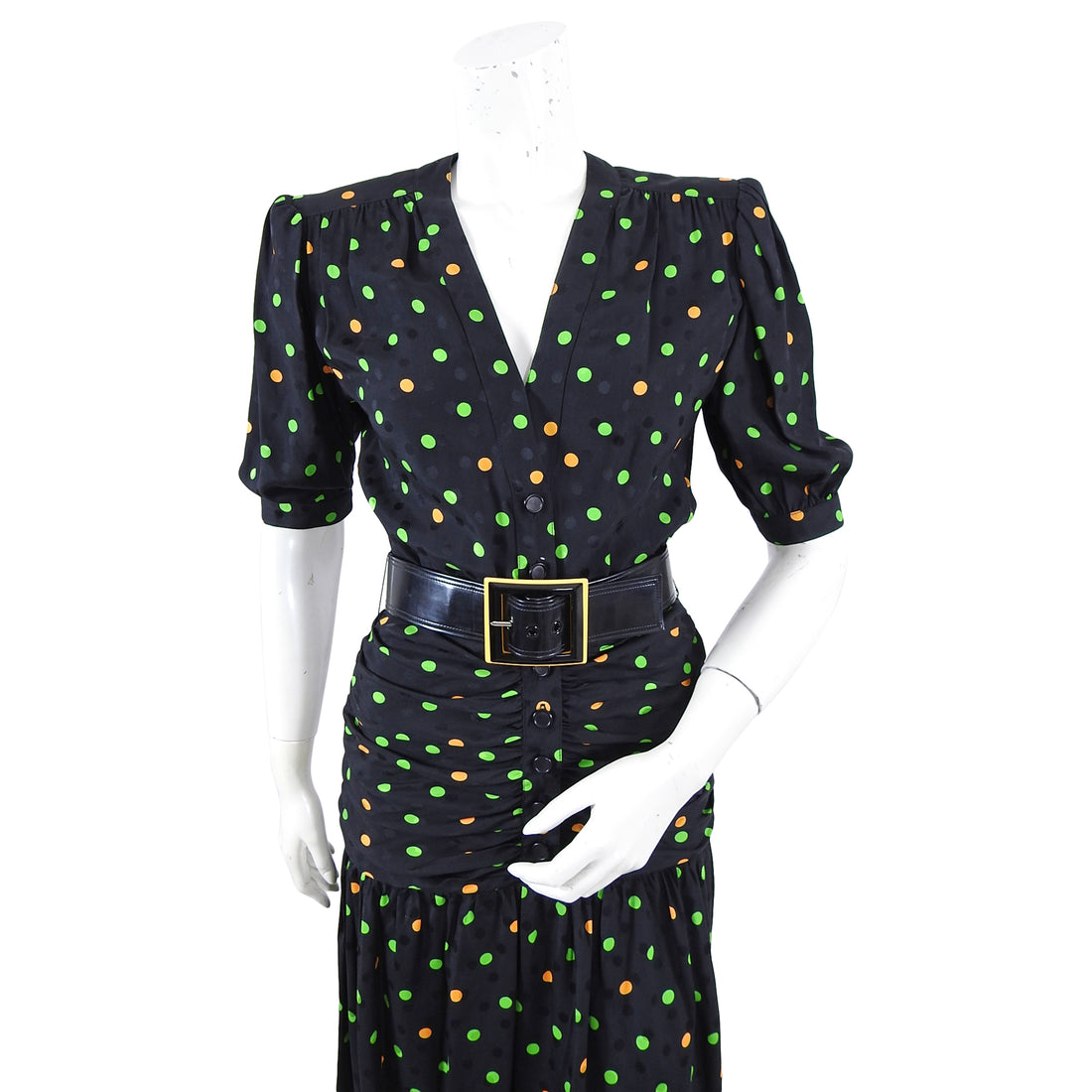 Vintage 1980's Jean Louis Scherrer Silk Polka Dot Ruch Dress - XS