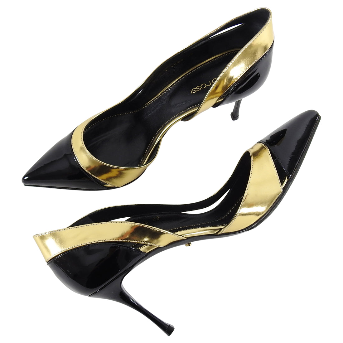 Sergio Rossi Black Patent and Gold Metallic Heels - 40