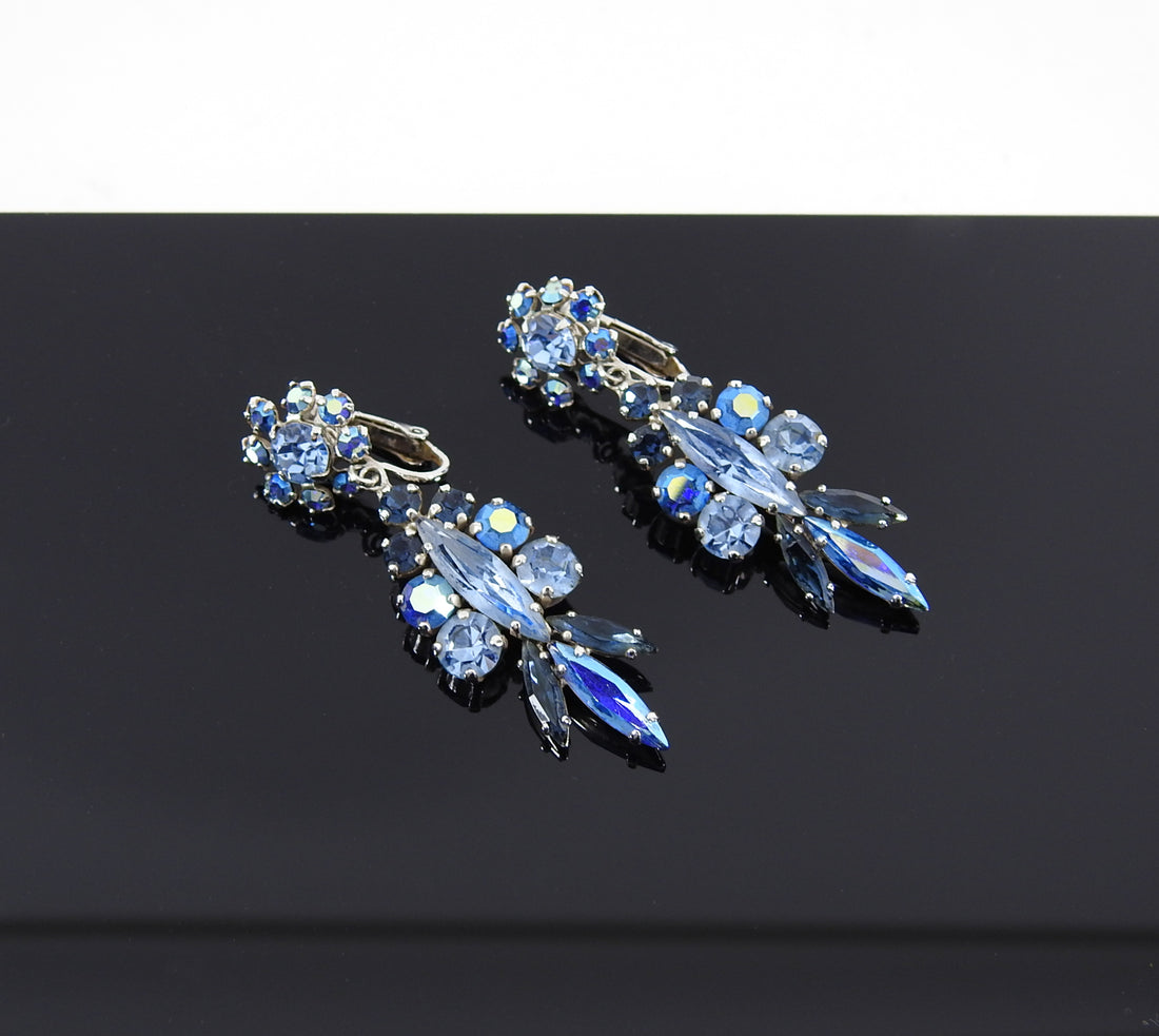 Sherman Vintage 1960's Blue Rhinestone Crystal Drop Earrings