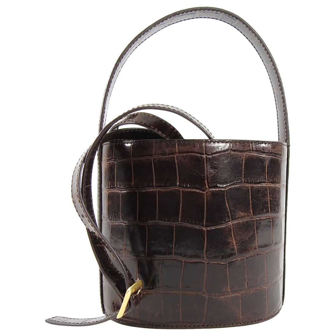 Staud Dark Brown Faux Croc Leather Bisset Bucket Bag