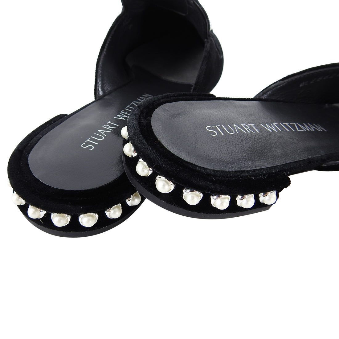 Stuart Weitzman Black Velvet Guamule Flat Pearl Slipper Shoes - 8