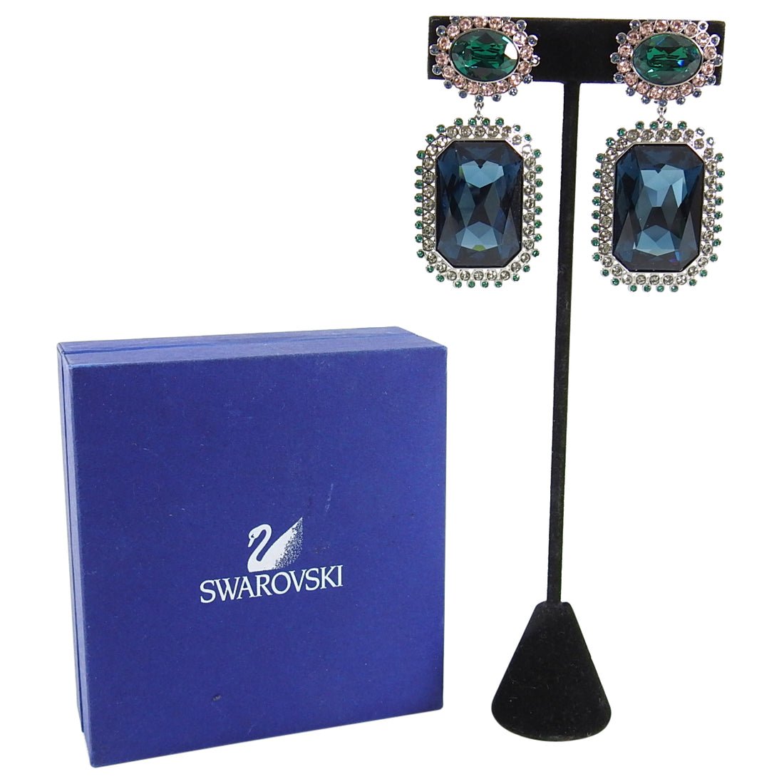 Swarovski Blue and Green Crystal Large Statement Earrings