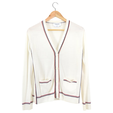 Thom Browne Ivory Fine Knit Cardigan with Red Navy Stripe - IT42 / USA 6