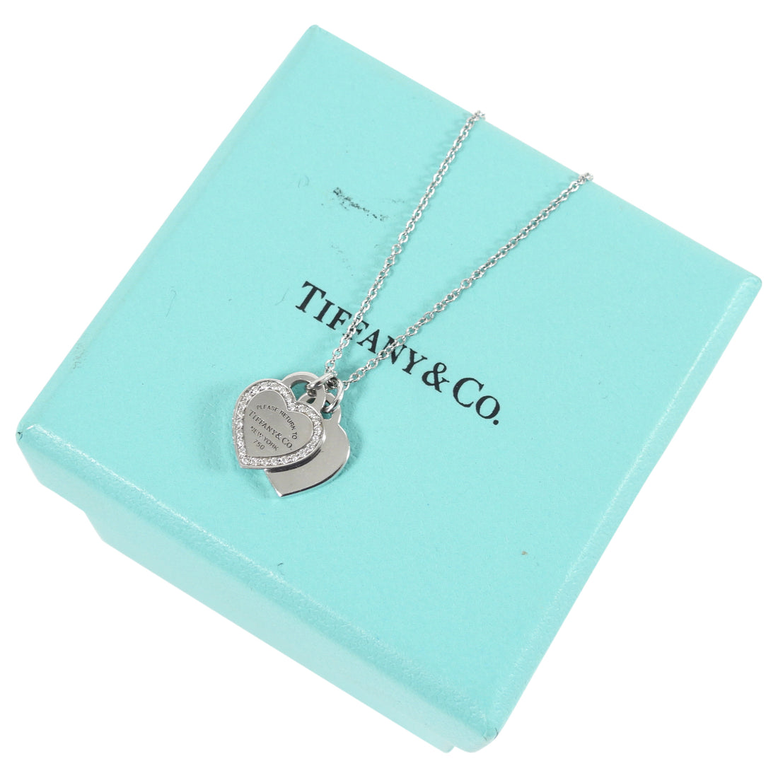 Tiffany & Co.  18k White Gold Diamond Double Heart Tag Necklace