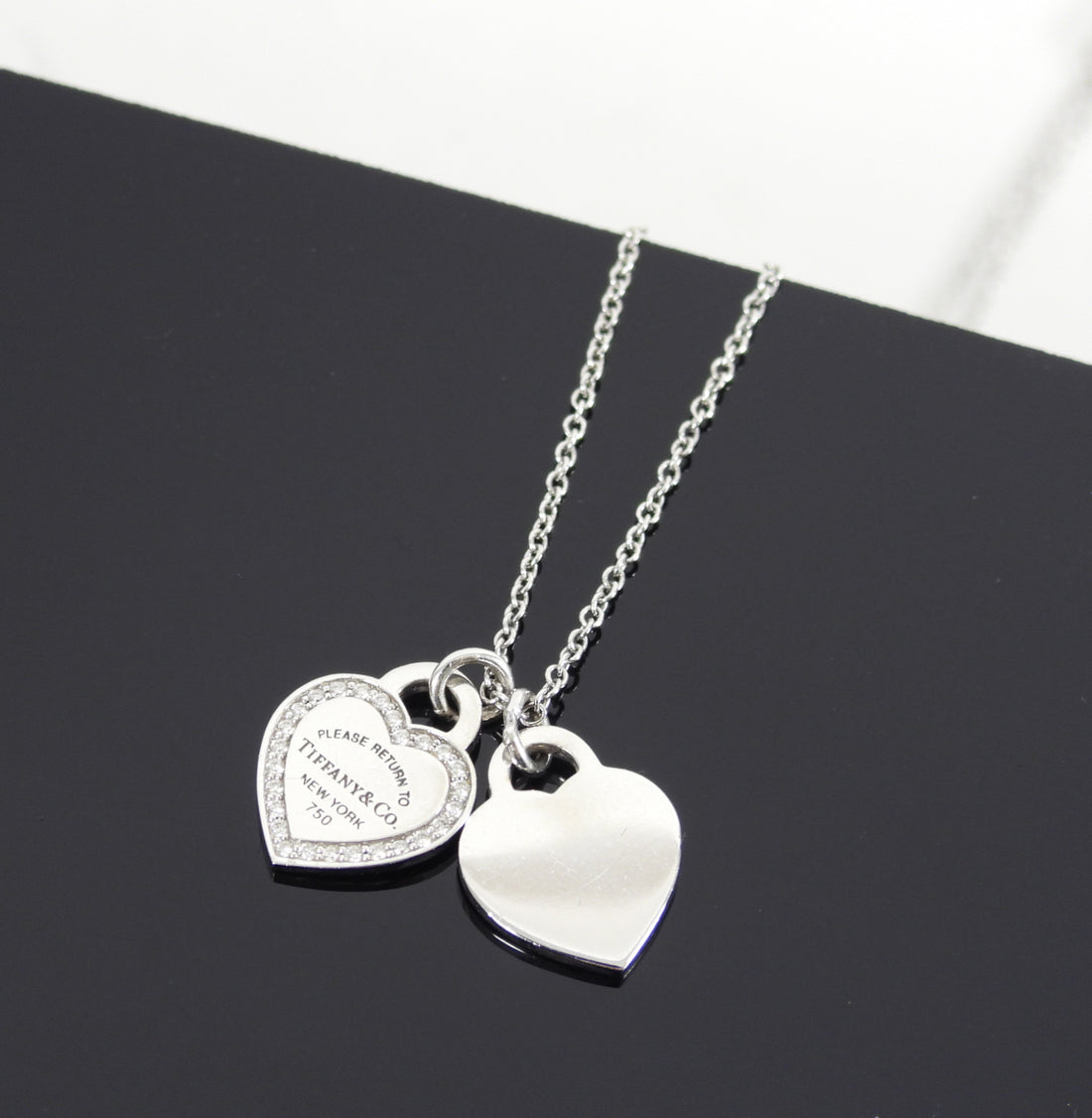 Tiffany & Co.  18k White Gold Diamond Double Heart Tag Necklace