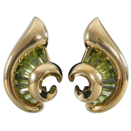 Verdura Green Tourmaline Gold Swirl Clip Earrings