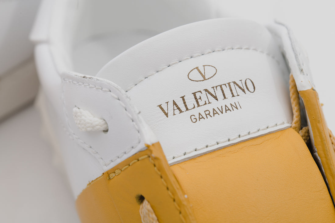 Valentino Bicolor Rockstud Sneaker in Bianco White and Acid Yellow