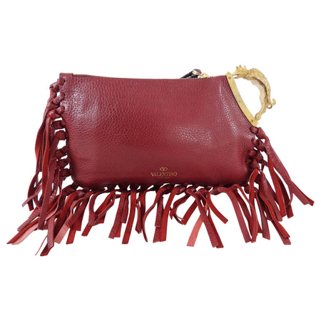 Valentino Small Red Leather Fringed Clutch Bag