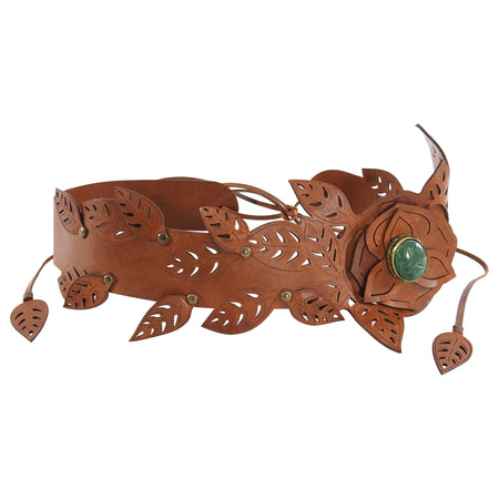 Valentino Wide Brown Perforated Leather Belt with Green Scarab - M