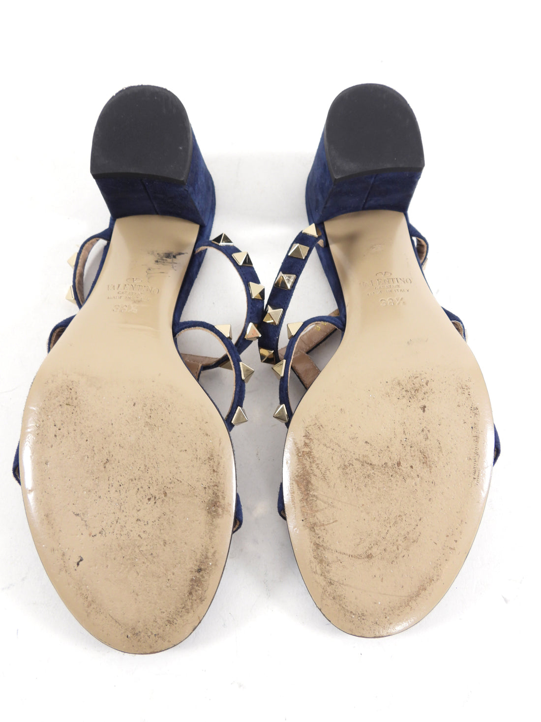 Valentino Dark Blue Suede Rock Stud Block Heel Sandals - 38.5
