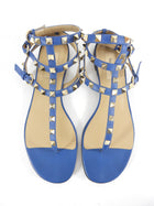 Valentino Triple Rock Stud Blue Leather Flat Sandals - 39 / 9