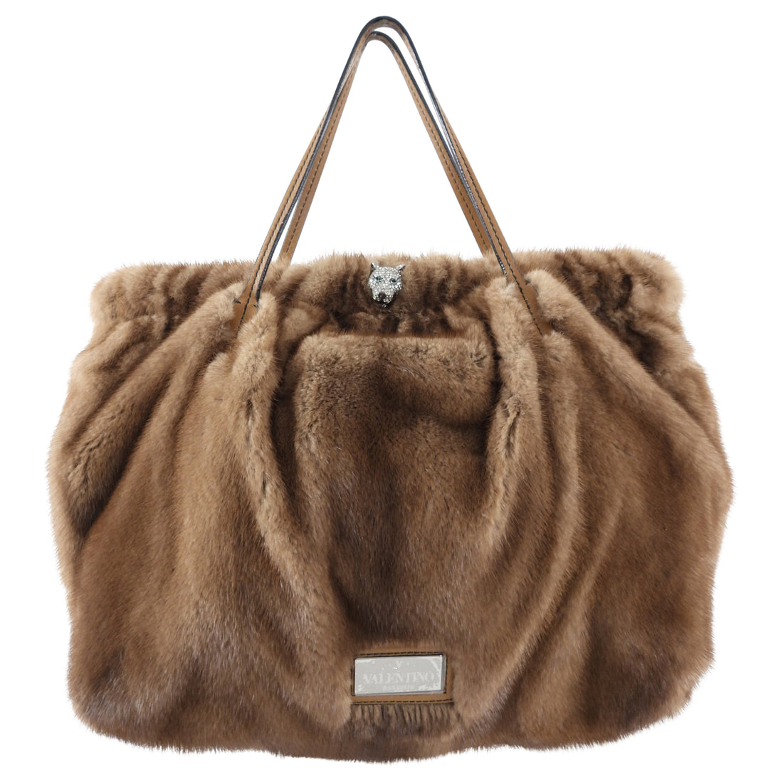 Valentino Brown Natural Mink Fur Bag with Jewelled Panther