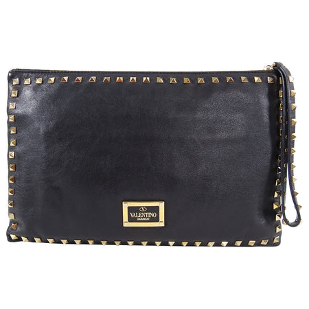 Valentino Black Leather Rock Stud Large Clutch Bag