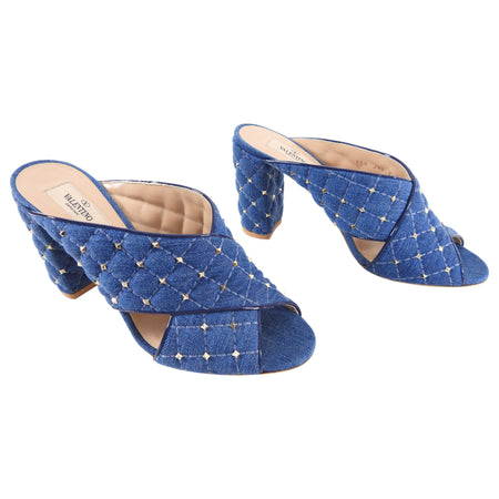 Valentino Blue Denim Rock Stud Block Heel Sandals - 40 / 9.5